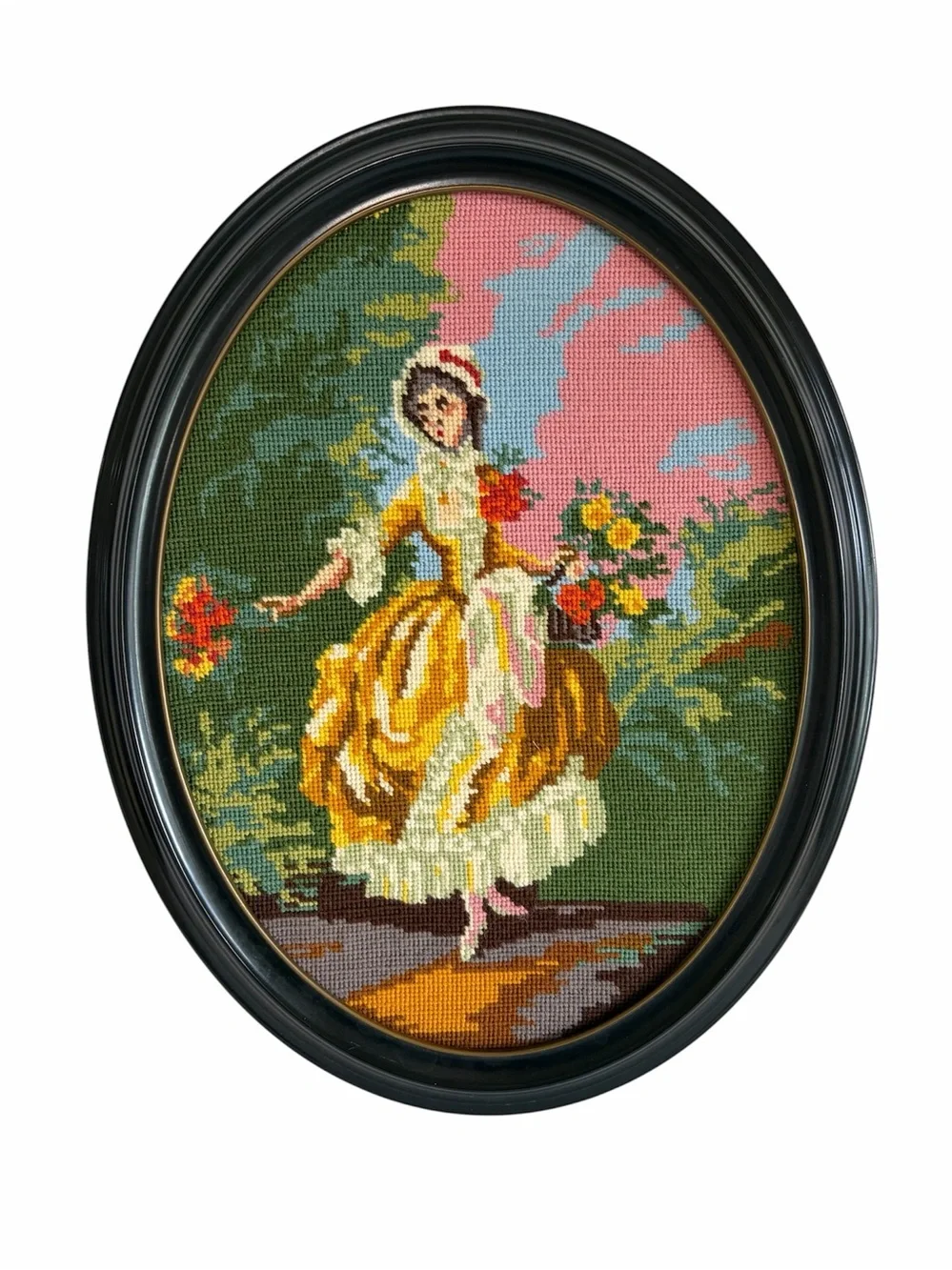 Victorian Woman Needlepoint Canvas Ball Gown Evening Dress Flowers Oval Vintage